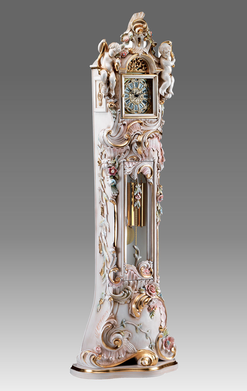 Grandfather clock Art.513/2 lacquered white patinated with gold and decoration 2Angel